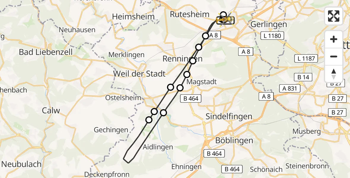 Flugroute Rettungshubschrauber Leonberg Hospital - Leonberg Hospital, 29 April 2026, 17:55