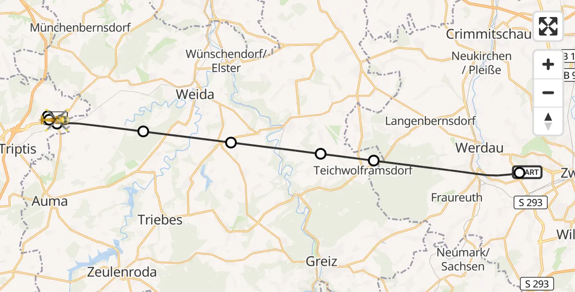 Flugroute Rettungshubschrauber ADAC Air Rescue Station Zwickau Hubschrauberlandeplatz - Mittelpöllnitz, 29 April 2026, 17:59
