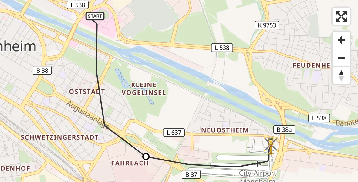Flugroute Rettungshubschrauber Mannheim - Mannheim-City Flughafen, 29 April 2026, 18:00