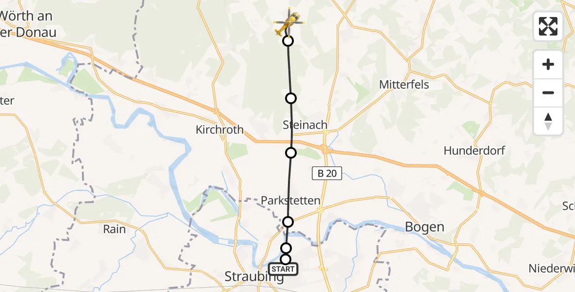 Flugroute Rettungshubschrauber Sankt Elisabeth Hospital Straubing - Falkenfels, 29 April 2026, 18:17