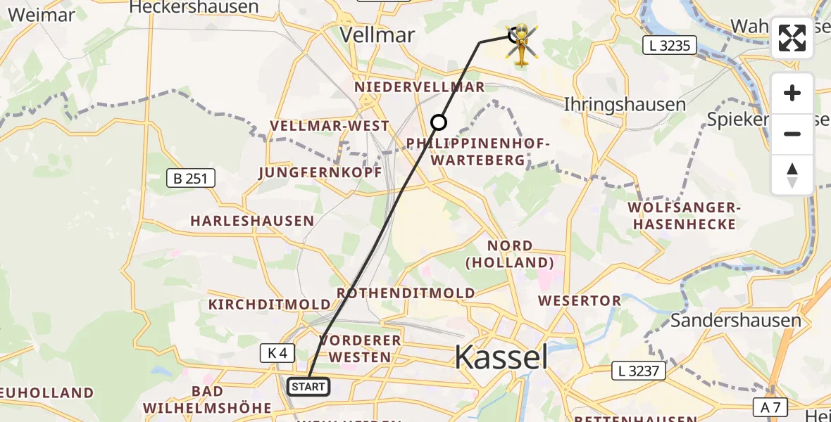 Flugroute Rettungshubschrauber Kassel - Fuldatal Bundespolizei Hubschrauberlandeplatz, 29 April 2026, 18:39