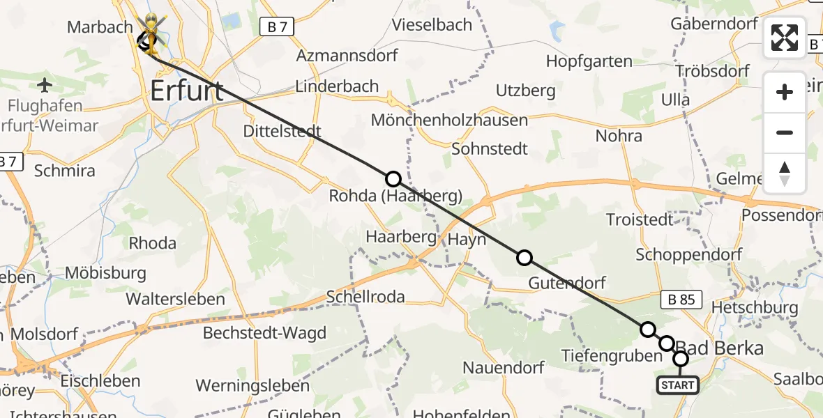 Flugroute Ambulanzhubschrauber Bad Berka Central Hospital - Helios Clinic Erfurt, 29 April 2026, 18:40