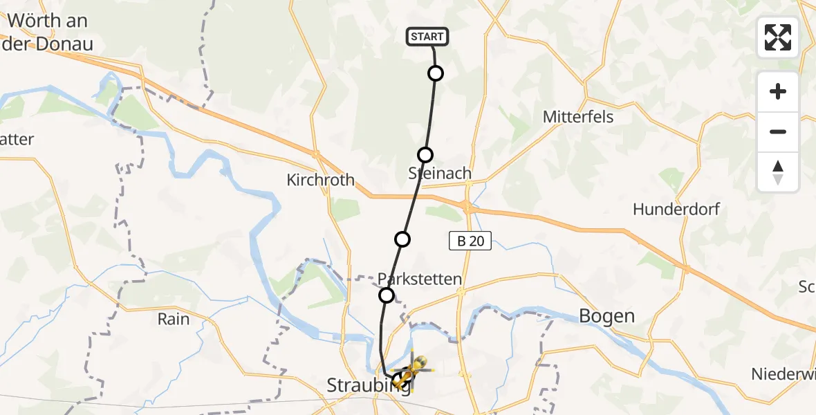 Flugroute Rettungshubschrauber Falkenfels - Sankt Elisabeth Hospital Straubing, 29 April 2026, 18:41