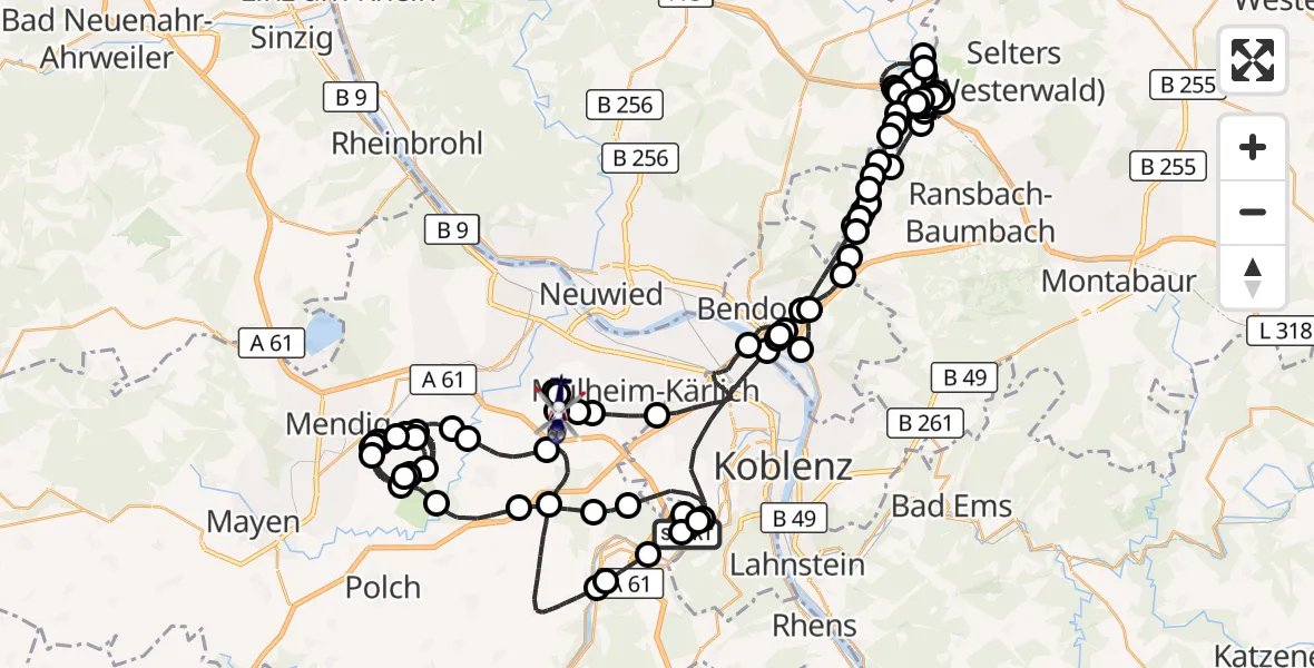 Flugroute Polizeihubschrauber Koblenz-Winningen Flugplatz - Saffig, 29 April 2026, 19:19