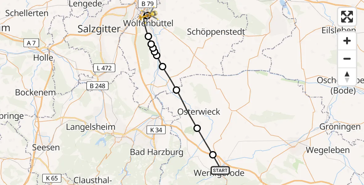 Flugroute Rettungshubschrauber Wernigerode - Wolfenbüttel Municipal Hospital Heliport (Christoph 30), 29 April 2026, 19:29