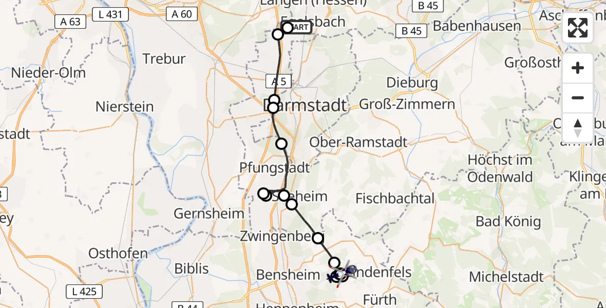 Flugroute Polizeihubschrauber Flughafen Frankfurt-Egelsbach - Lautertal (Odenwald), 29 April 2026, 19:33