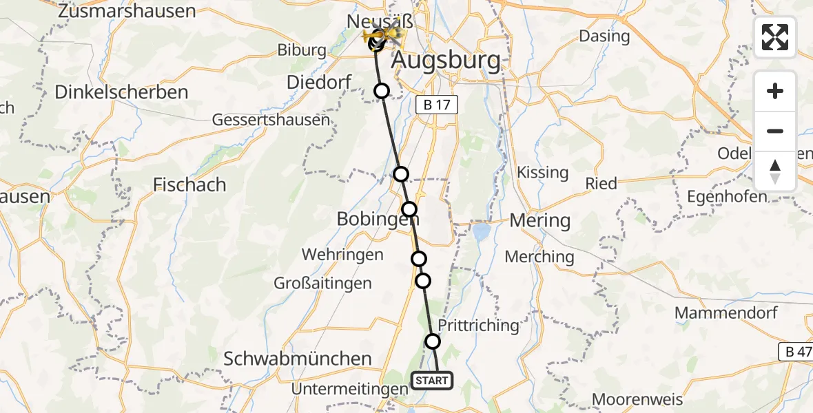 Flugroute Rettungshubschrauber Scheuring - Augsburg University Hospital, 29 April 2026, 19:39