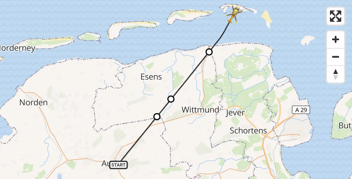 Flugroute Rettungshubschrauber Aurich - Noordzee, 29 April 2026, 19:56