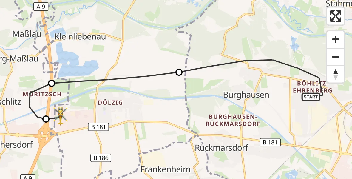 Flugroute Rettungshubschrauber Leipzig - ADAC Air Rescue Station Leipzig/Schkeuditz-Dölzig Hubschrauberlandeplatz (Christoph 61), 29 April 2026, 19:58