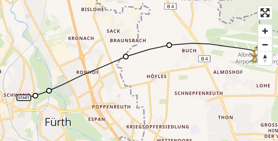Flugroute Ambulanzhubschrauber Fürth Hospital - Flughafen Nuremberg, 29 April 2026, 20:19