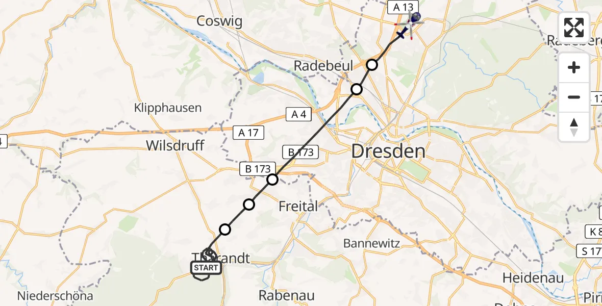 Flugroute Polizeihubschrauber Tharandt - Dresden Flughafen, 29 April 2026, 22:34