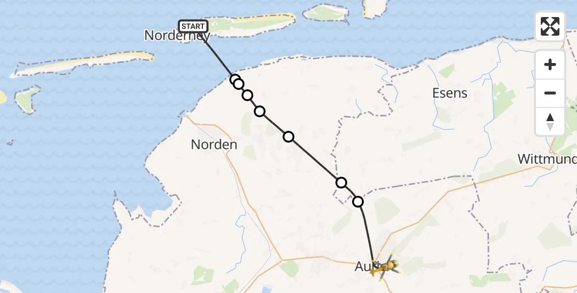 Flugroute Rettungshubschrauber Noordzee - Aurich, 30 April 2026, 00:04