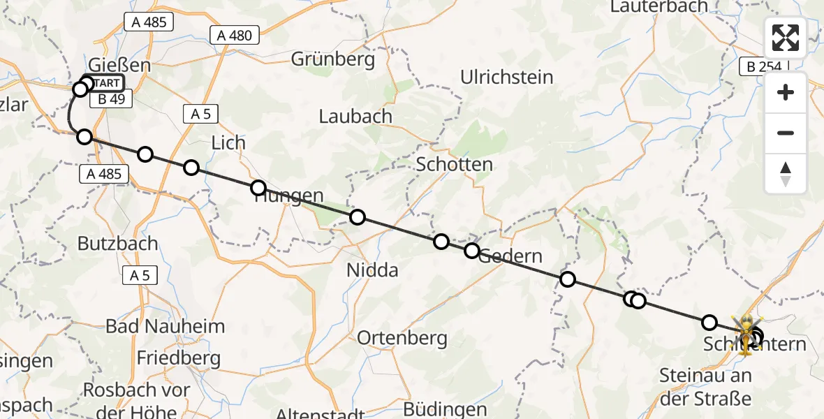 Flugroute Rettungshubschrauber Gießen - Schlüchtern, 30 April 2026, 04:25
