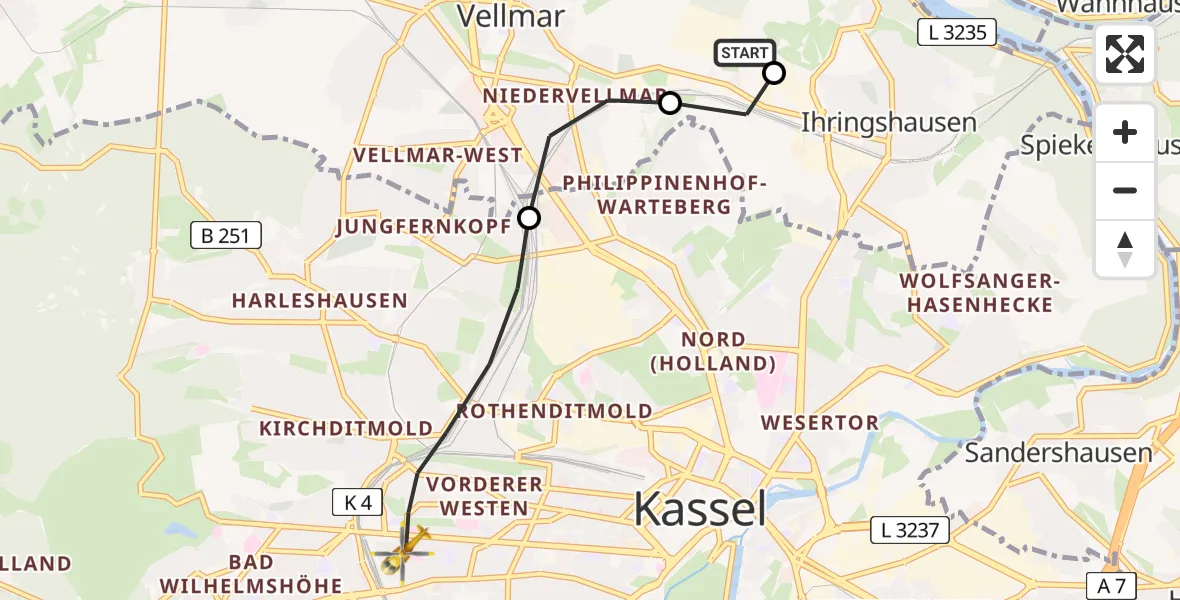 Flugroute Rettungshubschrauber Fuldatal Bundespolizei Hubschrauberlandeplatz - Kassel, 30 April 2026, 05:09