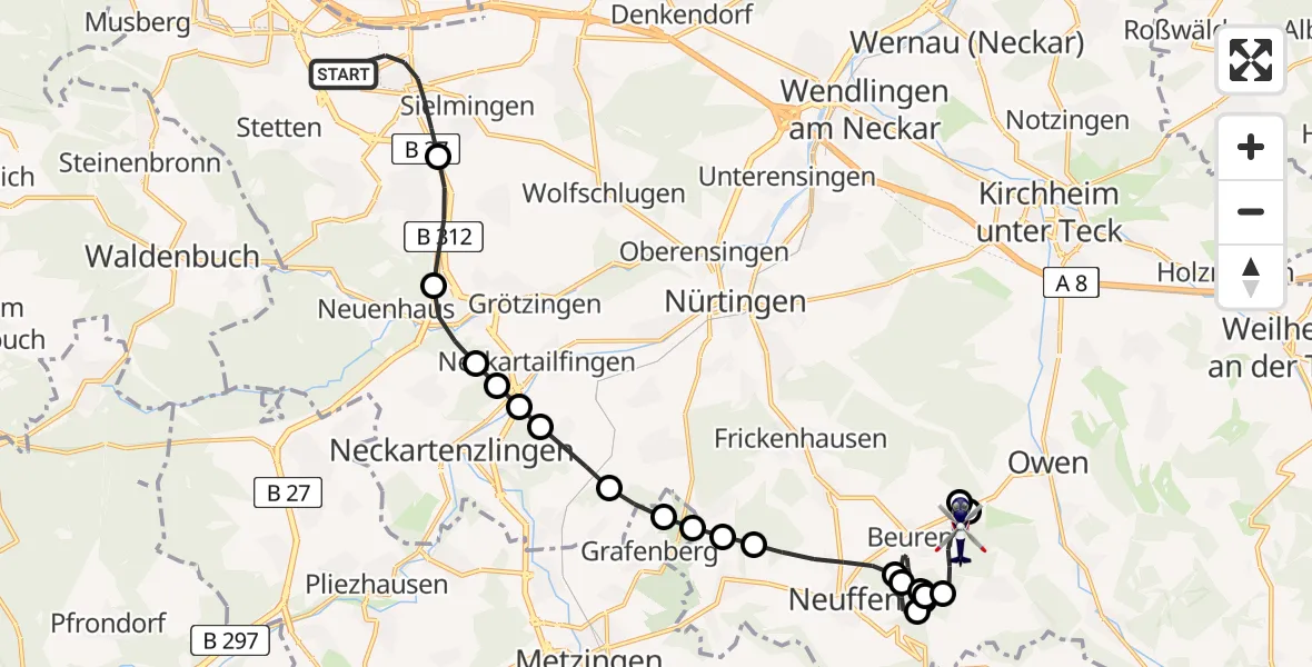 Flugroute Polizeihubschrauber Flughafen Stuttgart - Beuren, 30 April 2026, 05:43