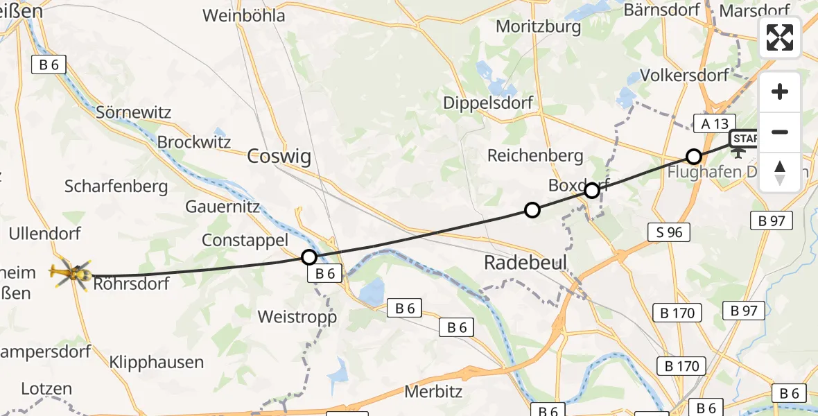 Flugroute Rettungshubschrauber Dresden Flughafen - Klipphausen, 30 April 2026, 05:48