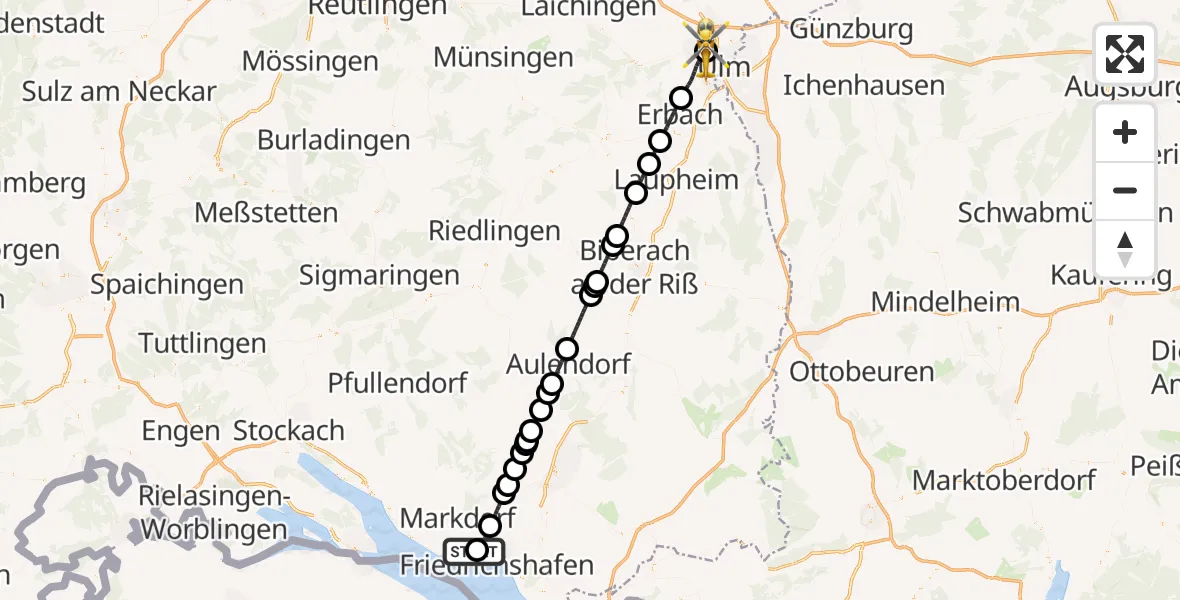 Flugroute Rettungshubschrauber Friedrichshafen Hospital - Ulm Military Hospital Emergency Hubschrauberlandeplatz, 30 April 2026, 05:51