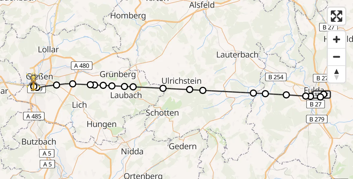 Flugroute Rettungshubschrauber Fulda Hospital - Gießen, 30 April 2026, 06:15