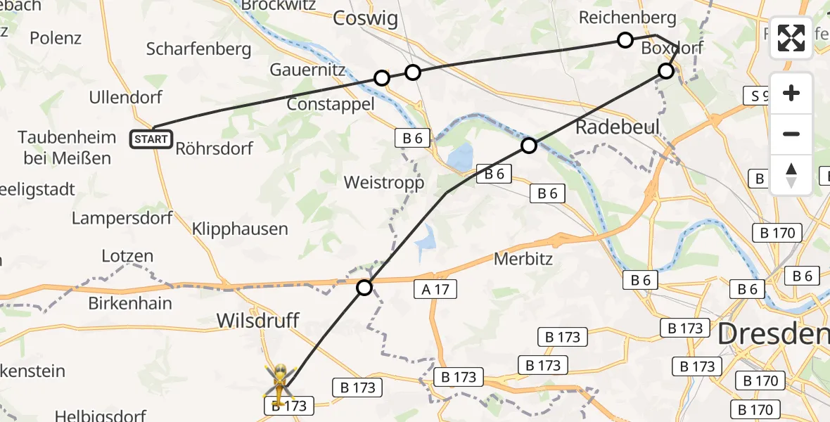 Flugroute Rettungshubschrauber Klipphausen - Wilsdruff, 30 April 2026, 06:24