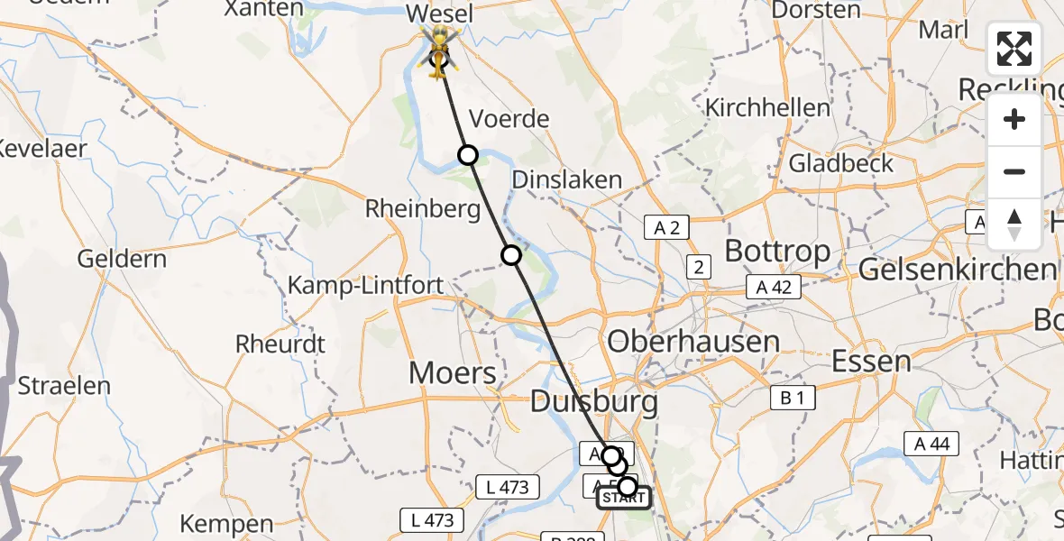 Flugroute Rettungshubschrauber Duisburg Air Rescue Hubschrauberlandeplatz (Christoph 9) - Wesel, 30 April 2026, 06:37