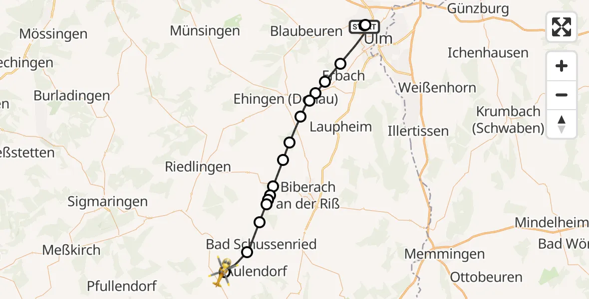 Flugroute Rettungshubschrauber Ulm Military Hospital Emergency - Altshausen, 30 April 2026, 06:43