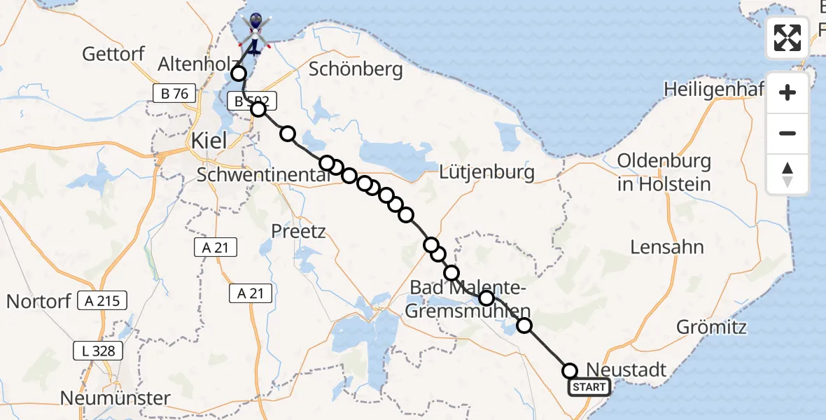 Flugroute Polizeihubschrauber Sierksdorf - Kiel, 30 April 2026, 06:45