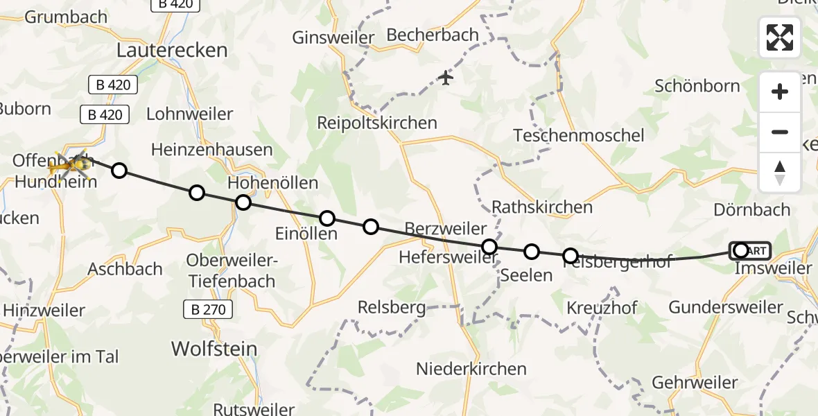 Flugroute Rettungshubschrauber Imsweiler UL - Offenbach-Hundheim, 30 April 2026, 06:56
