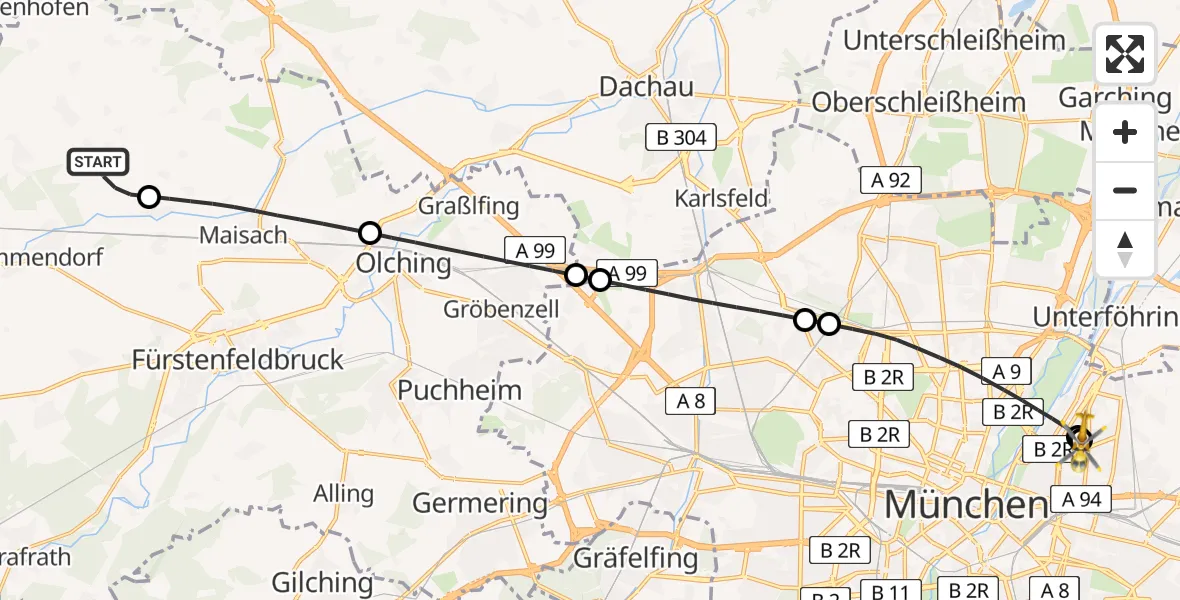 Flugroute Rettungshubschrauber Egenhofen - München Bogenhausen Hospital, 30 April 2026, 06:57