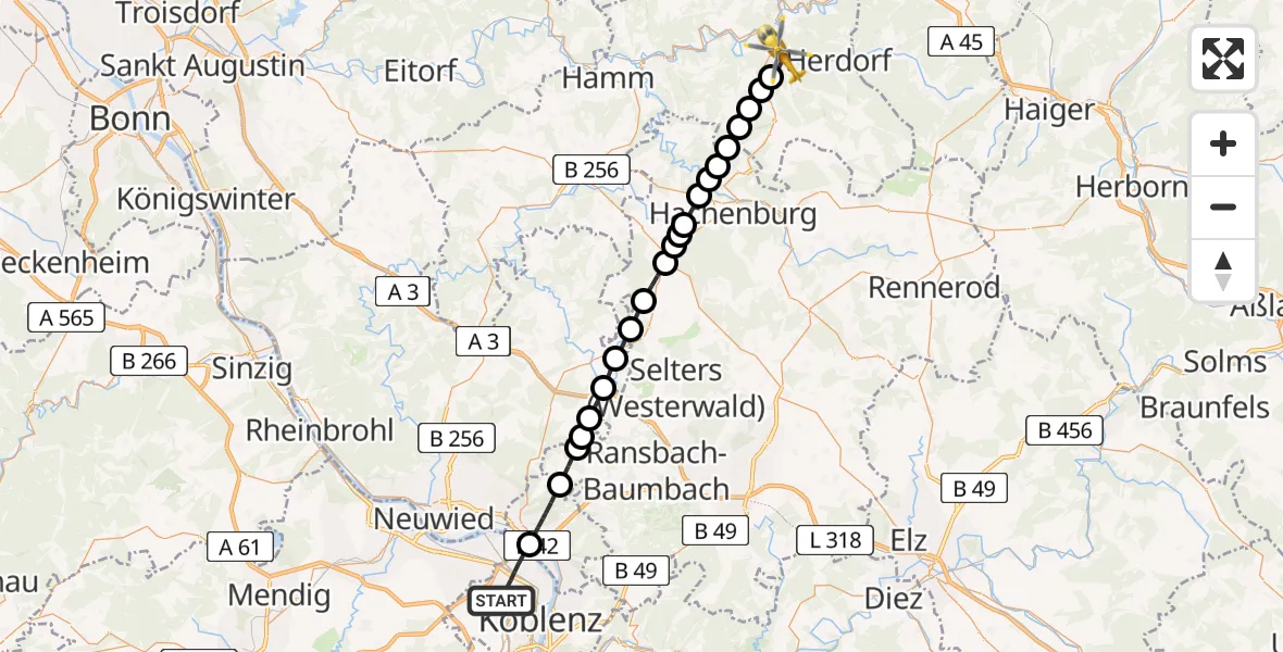 Flugroute Rettungshubschrauber Koblenz - Alsdorf, 30 April 2026, 07:05