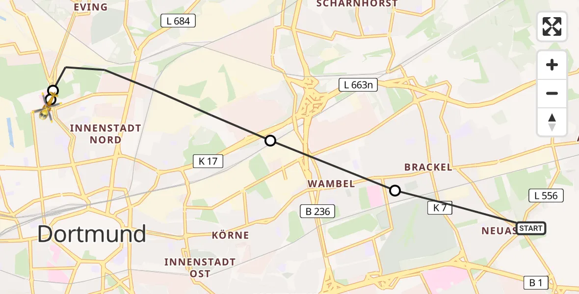 Flugroute Rettungshubschrauber Dortmund - Dortmund Hospital North, 30 April 2026, 07:07