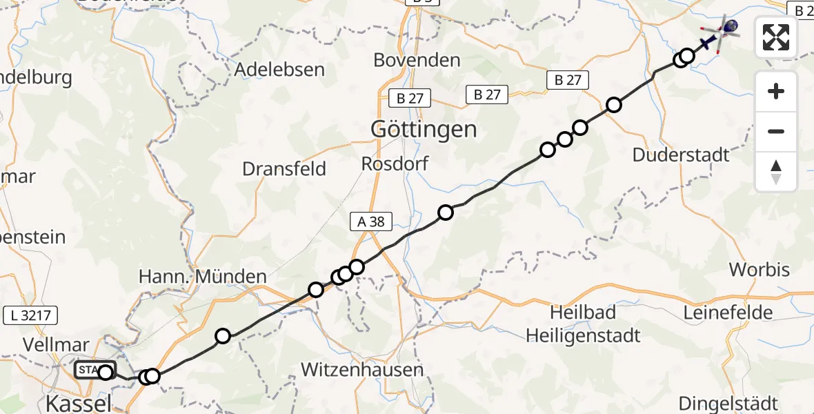 Flugroute Polizeihubschrauber Fuldatal - Rhumspringe, 30 April 2026, 07:15