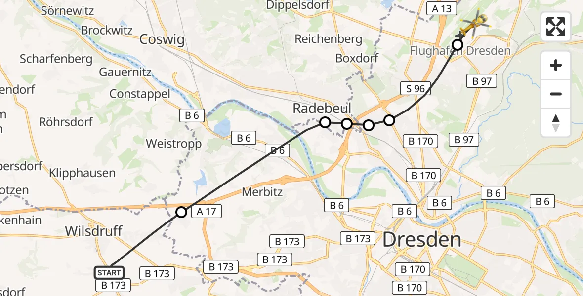 Flugroute Rettungshubschrauber Wilsdruff - Dresden Flughafen, 30 April 2026, 07:15