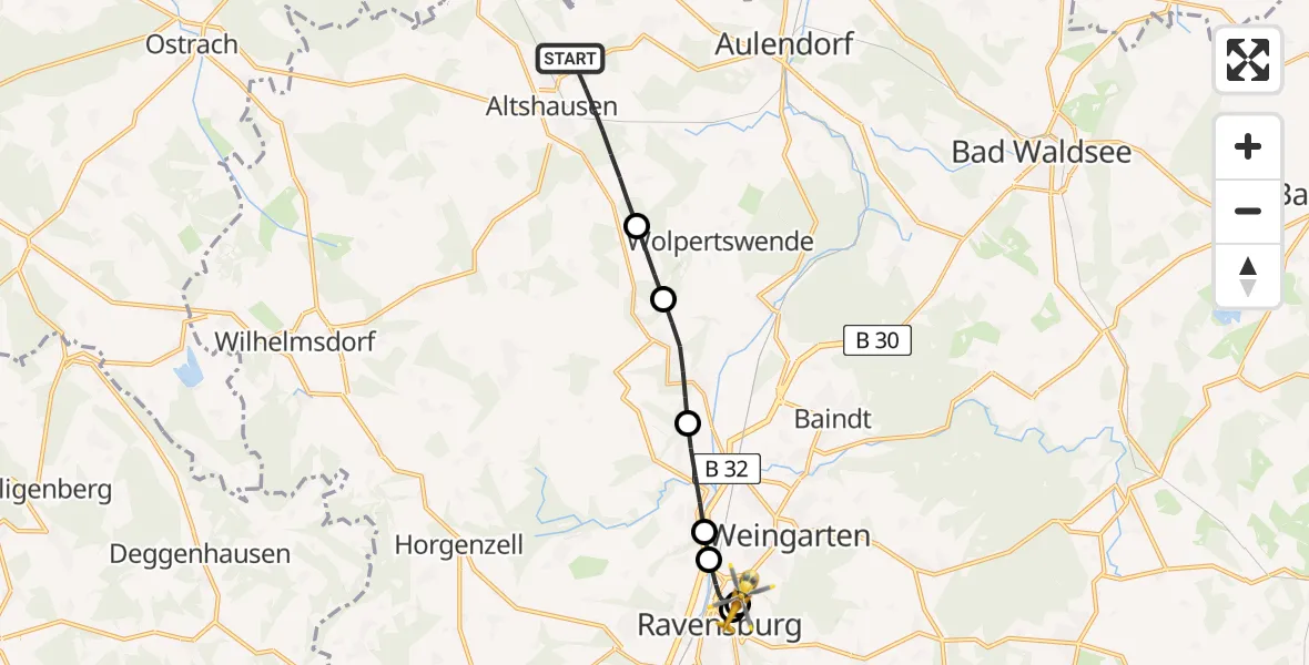 Flugroute Rettungshubschrauber Altshausen - Sankt Elisabeth Hospital, 30 April 2026, 07:25