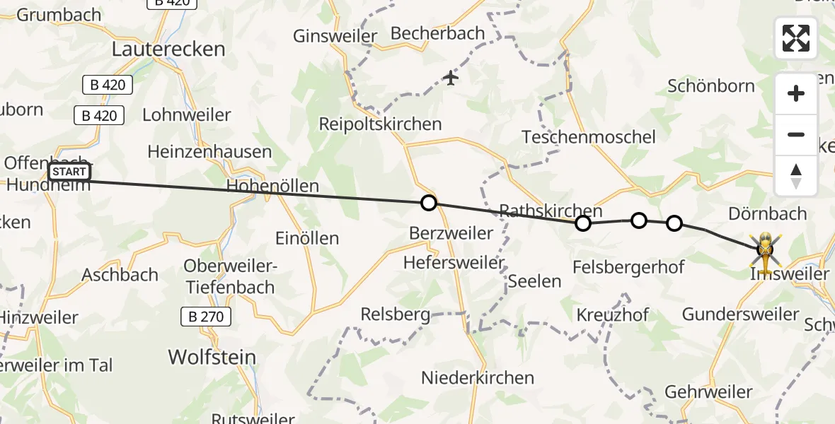Flugroute Rettungshubschrauber Offenbach-Hundheim - Imsweiler UL, 30 April 2026, 07:31