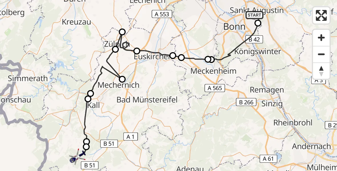 Flugroute Polizeihubschrauber Sankt Augustin - Dahlem, 30 April 2026, 07:35