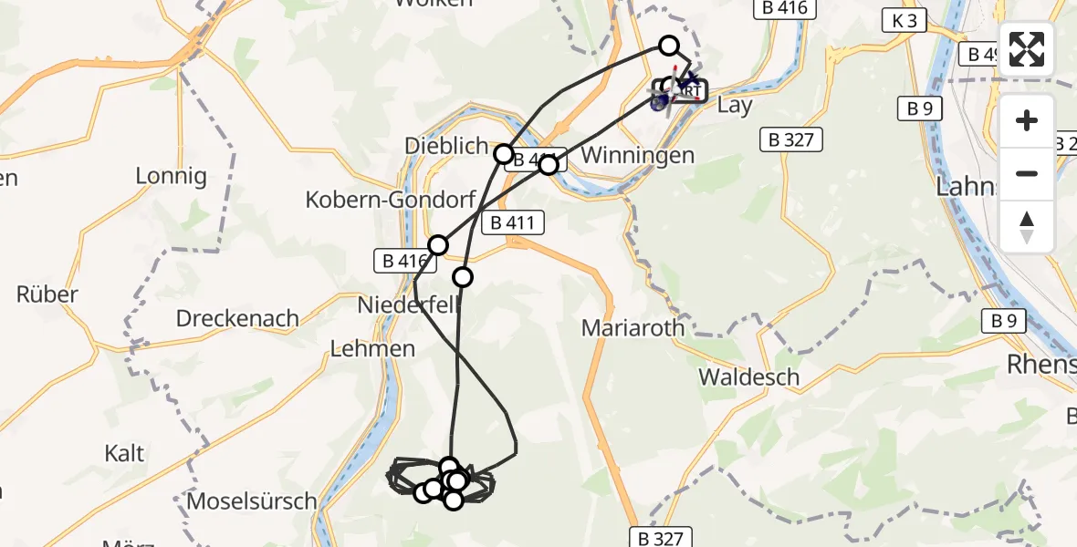 Flugroute Polizeihubschrauber Koblenz-Winningen Flugplatz - Koblenz-Winningen Flugplatz, 30 April 2026, 07:35