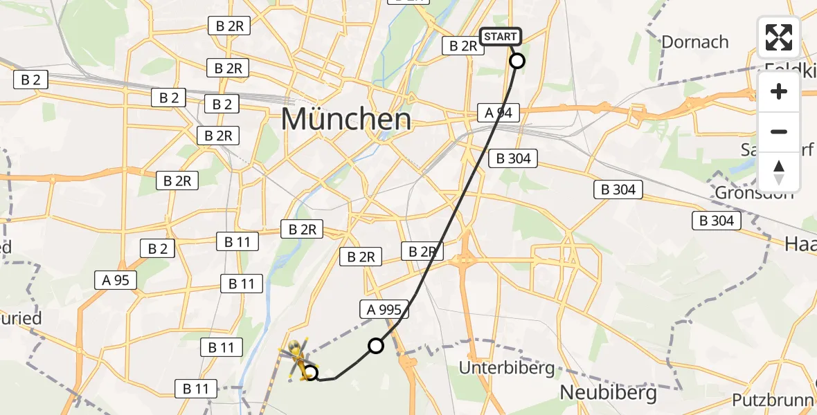 Flugroute Rettungshubschrauber München Bogenhausen Hospital - ADAC Air Rescue Center Hubschrauberlandeplatz (Christoph 1), 30 April 2026, 07:37