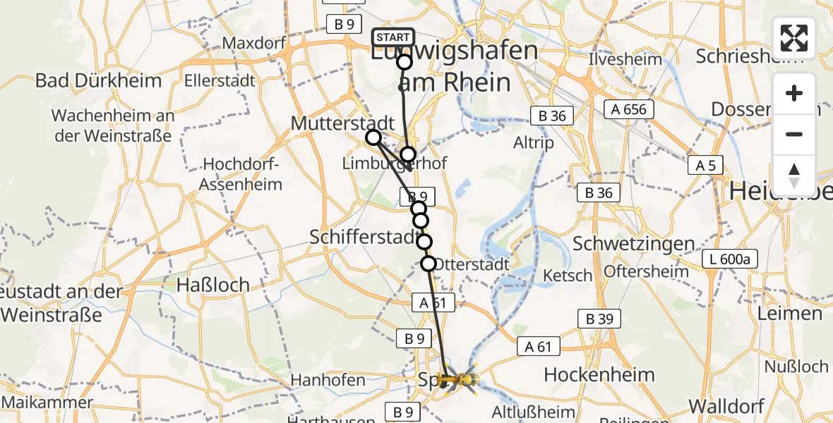 Flugroute Rettungshubschrauber Ludwigshafen Accident Hospital - Speyer, 30 April 2026, 07:40