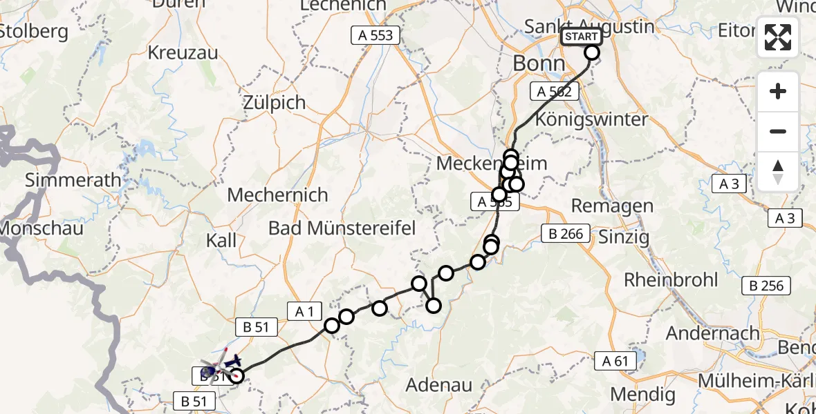 Flugroute Polizeihubschrauber Sankt Augustin - Dahlem, 30 April 2026, 07:43