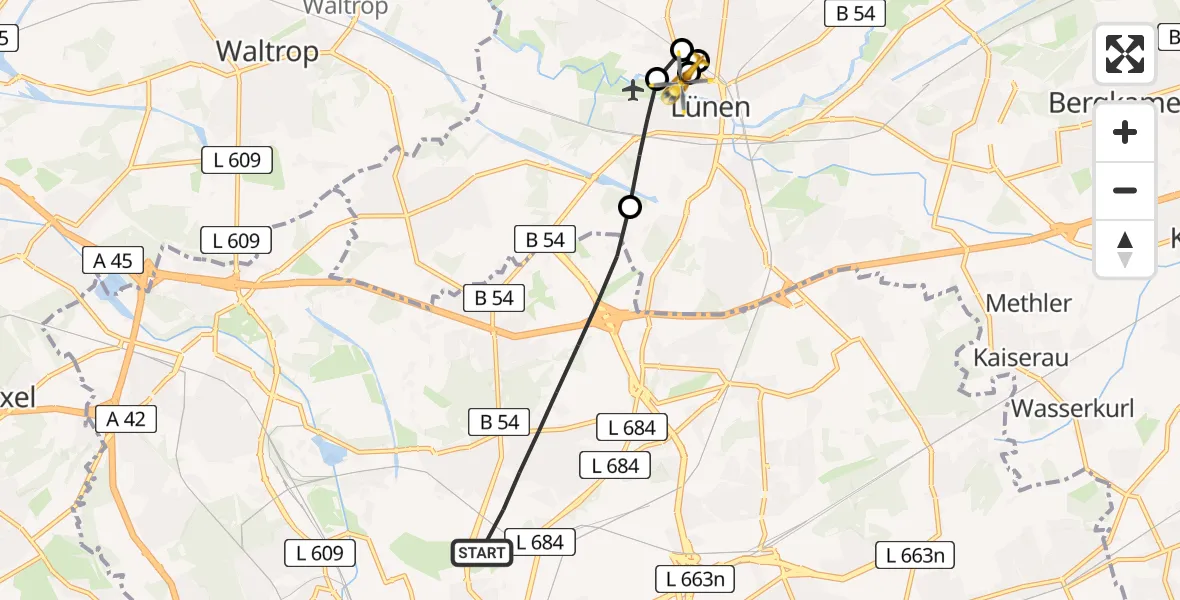 Flugroute Rettungshubschrauber Dortmund - Sankt Marien Hospital, 30 April 2026, 07:45