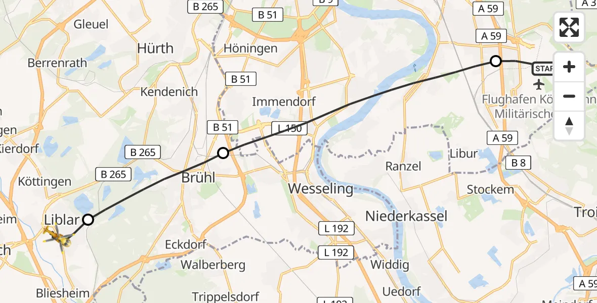 Flugroute Rettungshubschrauber Köln Bonn Flughafen - Erftstadt, 30 April 2026, 07:46