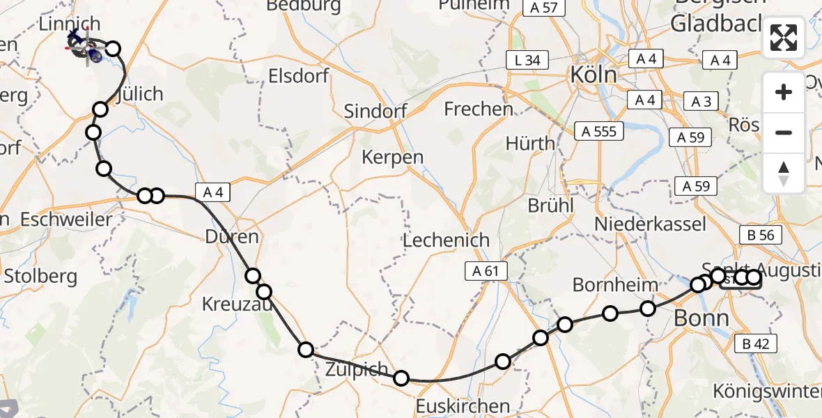 Flugroute Polizeihubschrauber Sankt Augustin - Linnich, 30 April 2026, 07:47