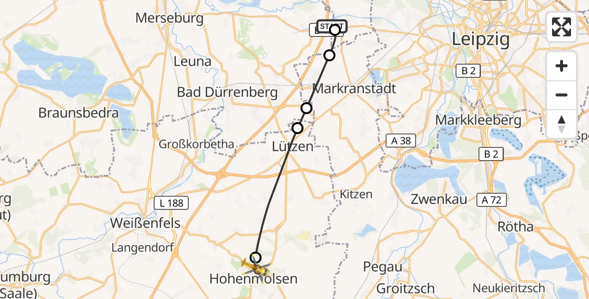 Flugroute Rettungshubschrauber ADAC Air Rescue Station Leipzig/Schkeuditz-Dölzig Hubschrauberlandeplatz (Christoph 61) - Hohenmölsen, 30 April 2026, 07:51
