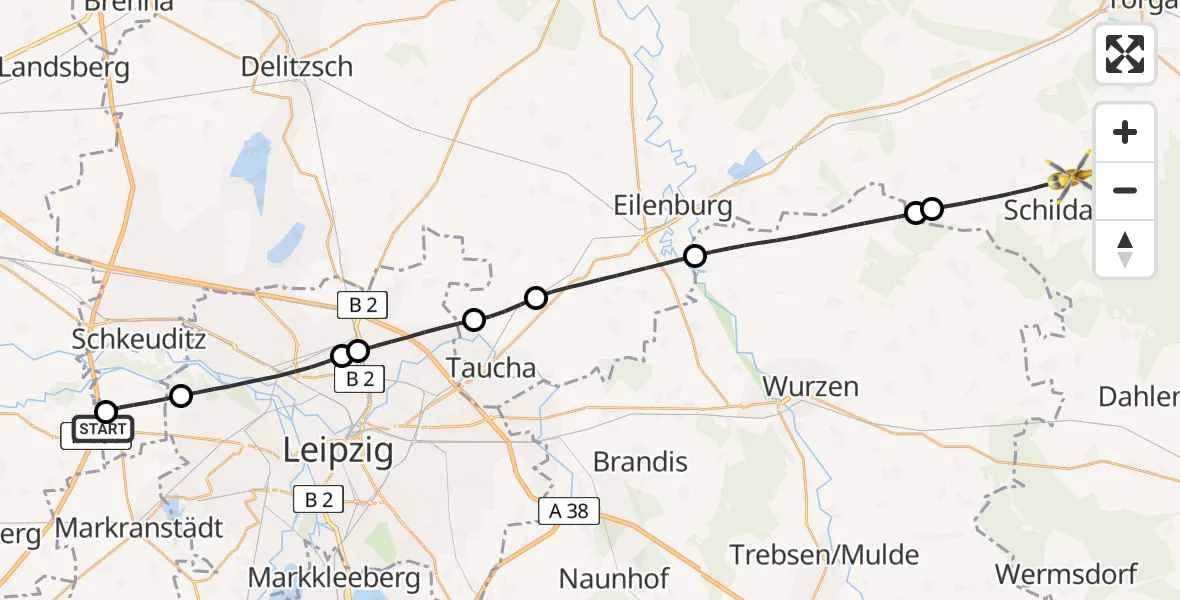 Flugroute Rettungshubschrauber ADAC Air Rescue Station Leipzig/Schkeuditz-Dölzig Hubschrauberlandeplatz (Christoph 61) - Belgern-Schildau, 30 April 2026, 07:55