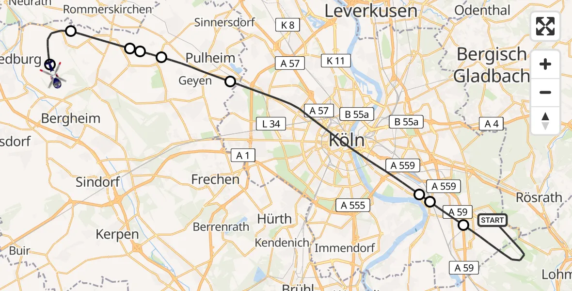 Flugroute Polizeihubschrauber Köln Bonn Flughafen - Bergheim, 30 April 2026, 08:03