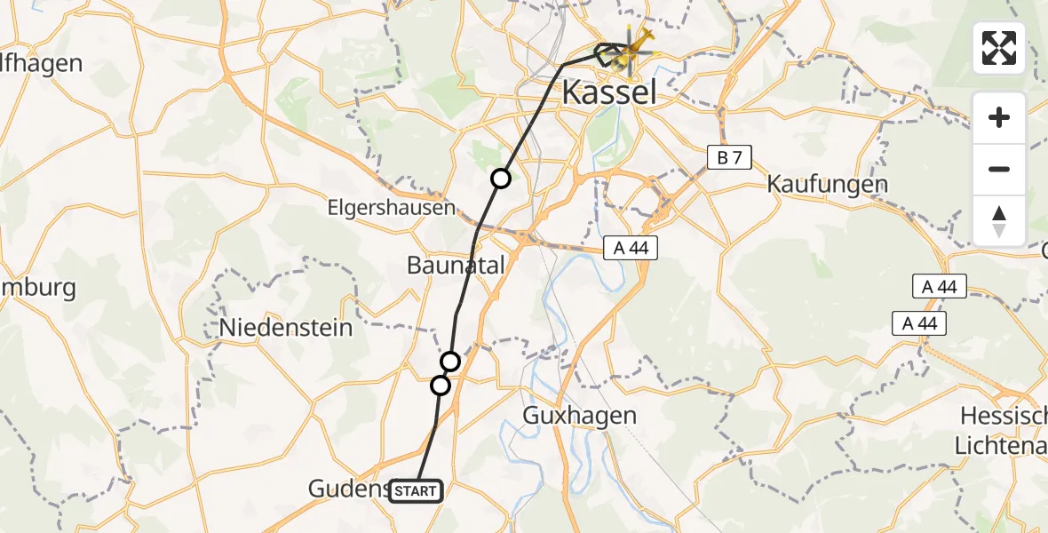 Flugroute Ambulanzhubschrauber Gudensberg - Kassel, 30 April 2026, 08:07