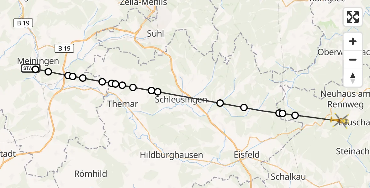 Flugroute Rettungshubschrauber Helios Clinic Meiningen - Lauscha, 30 April 2026, 08:11