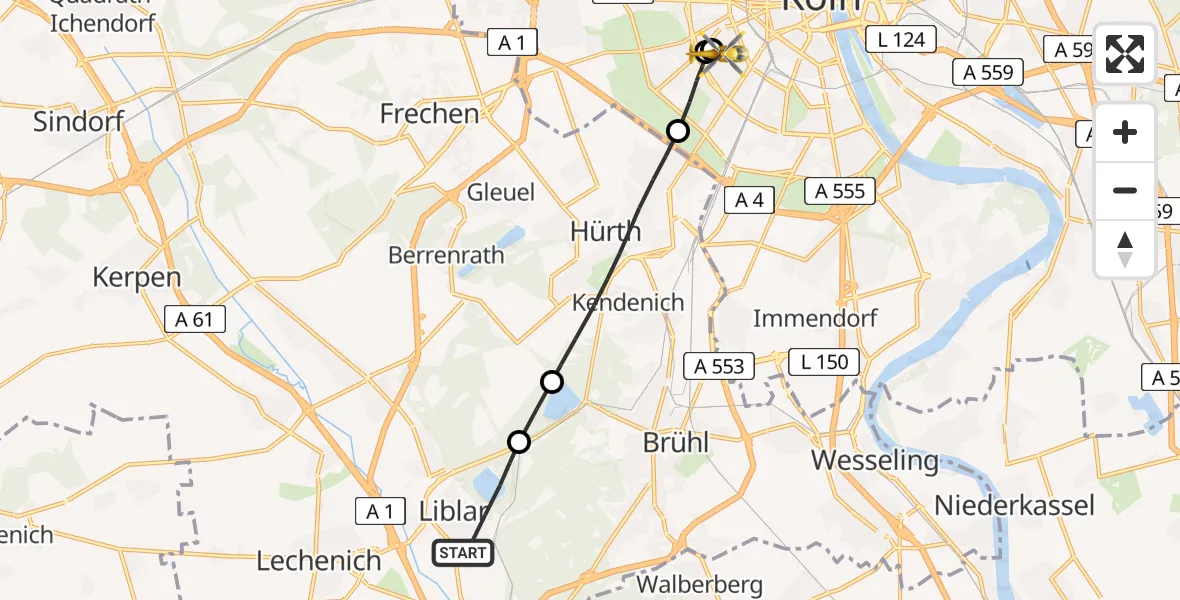 Flugroute Rettungshubschrauber Erftstadt - Köln University Hospital, 30 April 2026, 08:22