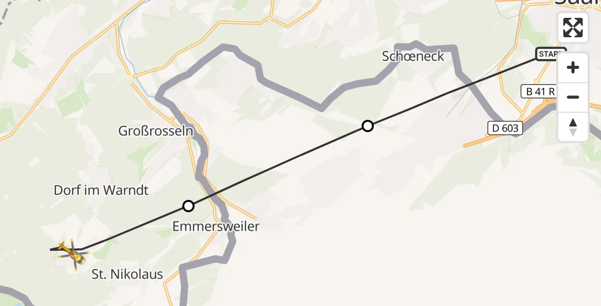 Flugroute Rettungshubschrauber Saarbrücken - Großrosseln, 30 April 2026, 08:29