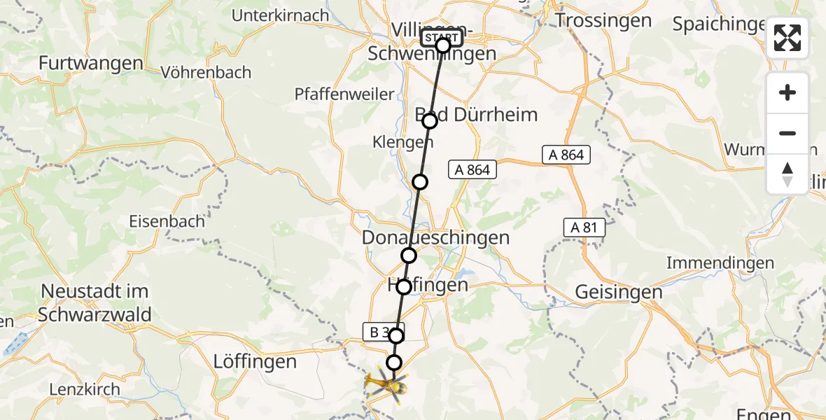 Flugroute Rettungshubschrauber DRF Air Rescue Station Villingen-Schwenningen Hubschrauberlandeplatz (Christoph 11) - Hüfingen, 30 April 2026, 08:33